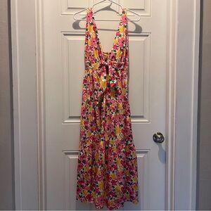 *BNWT* Floral Pink and Yellow Maxi Dress, Plunging Neckline, Adjustable Straps